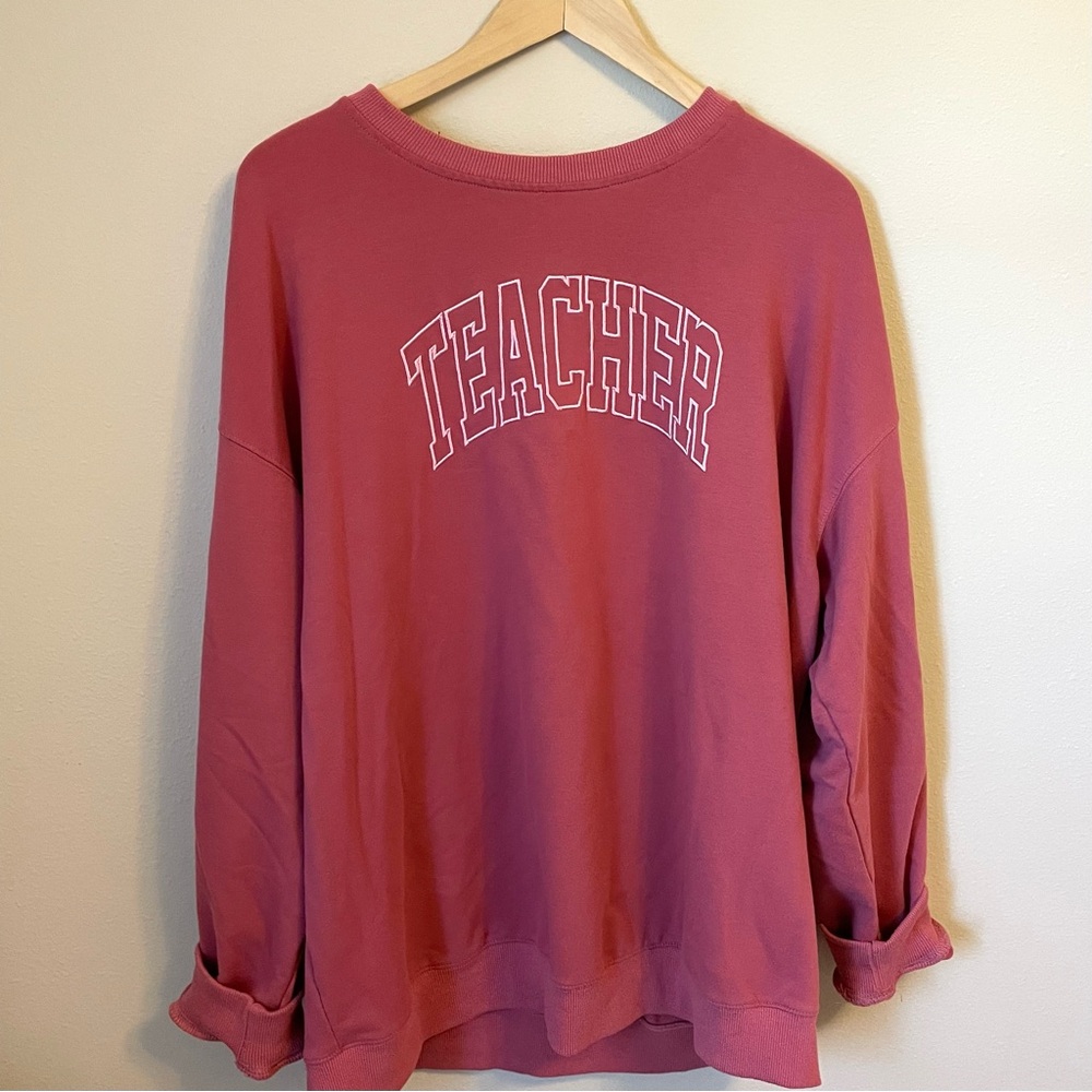 'Teacher' Graphic Sweatshirt - Rose Pink Cozy Pullover - Size 2X